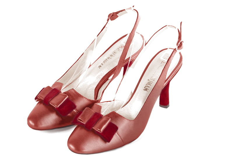 Cardinal red women's open back shoes, with a knot. Round toe. High slim heel. Front view - Florence KOOIJMAN